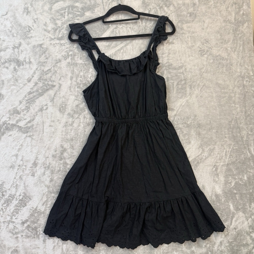Loft Beach Black Linen Blend Ruffle Strap Sundress Ruffle Eyelet Hem Dress Sz S